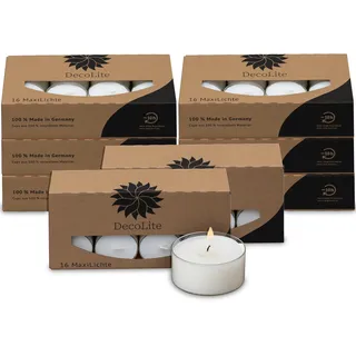 DecoLite Maxi Teelichter im Acrylcup – 9–10h lange Brenndauer – Auswahl: 16 bis 160 Stück – Große Teelichter transparent – Ø 5,6 cm x H 2,5 cm - (128 x MaxiLights)