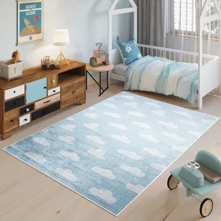 TAPISO Emma Teppich Waschbar bei 30 Grad Hellblau Wolken Himmel bedruckter Kinderteppich Antirutsch Kinderzimmer Jugendzimmer Modern ÖKO-TEX 120 x 170 cm