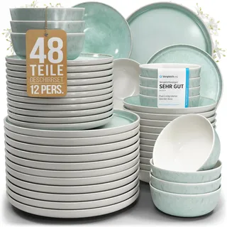 Steingut Geschirrset 12 Personen Ibiza 48 tlg. TESTSIEGER, Traumhaftes Mediterranes Steingut Geschirr Set, Schüssel- und Teller Set, Tafelservice 12 Personen, Geschirrsets Pure Living in Türkis