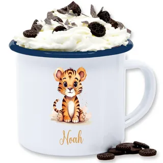 Emaille Tasse Blechtasse - Zootiere - Tiger - 300 ml - Weiß Blau - tiger, personalisierte tassen tiermotiv tigermotiv name und personalisieren motiv geschenke