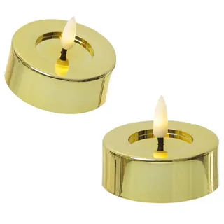 LED Maxi Teelichter flackernd D: 6,5cm gold glänzend 2er Set