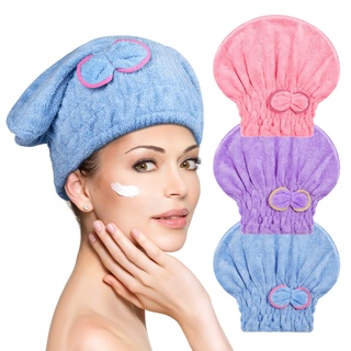 ACWOO Haarturban Handtuch, 3 Stück Mikrofaser Turban Haartrockentuch Haarturban, Kopftuch Handtuch für Lange Haar, Schnelltrocknend Haarhandtücher (Blau+Pink+Lila)
