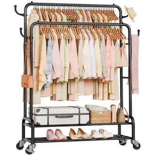 Yorbay Kleiderständer Doppelstange Garderobenständer auf Rollen, mit 2 Ablage, Groß Clothes Rack aus Metall bis 120 kg Belastbar, 126 cm Breit schwarz 126 cm