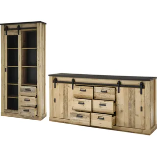 Wohnwand HOME AFFAIRE "Sherwood, Anbauwand im Industrial-Style, Komplettset, Wohnzimmer-Set", braun (old style hell dekor), B:314cm H:201cm T:43cm, Kastenmöbel-Sets, Wohnwand, enthält Vitrine und Sideboard, Scheunentorbeschlag & Apothekergriff