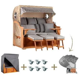 MR.DEKO Strandkorb XXL 3-Sitzer Teak Volllieger 170cm Bullauge, Gestreift, für 3 Personen, BxTxH: 0x0x0 cm, Volllieger, Baltikum XXL, (Luxus-Komplettset 4-tlg. inkl. Abdeckhaube, 4-tlg., Strandkorb inkl. Abdeckhaube, Rollen und Lifter-System), Wetterfestes Komplettset mit Rollen & Lifter, Fertig montiert grau