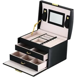 Schmuckkästchen Mit 3 Ebenen Mit Schubladen, Groß Pu Leder Schmuckbox Mit Tragbarem Reise Schmuckkasten, Schmuckschatulle Damen Mädchen Für Ringe, Ohrringe, Armbänder, Halsketten, 17.514.13cm, Schwarz