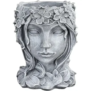 Fenteer Gesicht Kunst Skulptur Blumentopf - Harz Weibliche Gesicht Pflanzer Mit Loch - Hause Ornament Home Decor, Grau