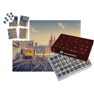 puzzleYOU: Puzzle-Adventskalender | „Berliner U-Bahn mit Oberbaumbrücke bei Sonnenuntergang, Deutschland“ – aus der Puzzle-Kollektion Berlin, Städte, Deutschland, Deutsche Städte, Deutsche Großstädte
