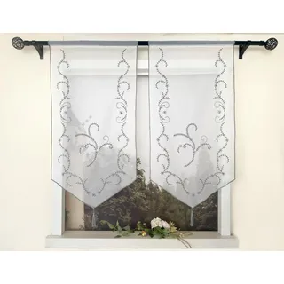 Devola Panneaux Gardinen Landhaus Scheibengardinen mit Stickerei Küchengardine Transparent Bistrogardine mit Quaste Tür Gardine HxB 90x45cm Dunkelgrau 1 Stück