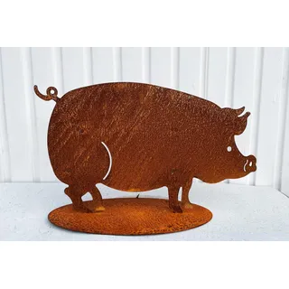 STEINFIGURENWELT GIEBEN Gartenfigur Schwein 60x36cm auf Platte Edelrost Gartendeko Wetterfest Rost Metall Rostfigur Tier Hausschwein Ferkel