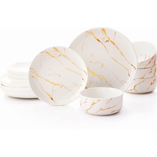 Pokini Gold Splash Geschirr-Sets, 12-teiliges Teller- und Schüssel-Set, modernes Marmor-Porzellan, Geschirr-Set für 4 Personen, Weiß
