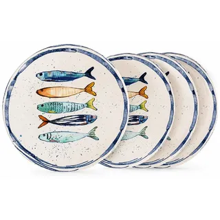 WestCraft Speiseteller Teller, mediterran mit Sardinen-Motiv, Maritime Dessertteller 20 cm, (4 St), 4er Set, hochwertig und robust - langlebig und vielseitig einsetzbar weiß