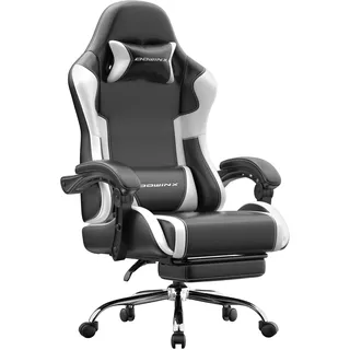 Gaming Stuhl Ergonomisch mit Fußstütze, Gepolsterter Gamer Stuhl bis 180 kg, 150° Verstellbare Rückenlehne, Komfortabler Gamingstuhl Bürostuhl für Gaming und Büro, Schwarzweiß