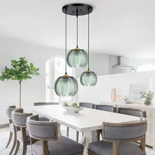KOSHSH Pendelleuchte Esstisch Grün Glas Hängelampe 3-flammig Esstischlampe Hängend Moderner Hängeleuchte Pendellampe Glaskugel Wohnzimmerlampe, Höhe max150cm,3 x E27(3 flammig)
