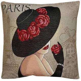 Moderne Gobelin-Kissenhülle Pariser Dame Größe 45x45cm Französische Eleganz | Strapazierfähiger Dekokissenbezug mit beidseitigem Motiv und verdecktem Reissverschluß | Pflegeleicht | atelier alles-Spitze