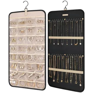 bagsmart Schmuck-Organizer zum Aufhängen, Aufbewahrungsrolle mit Aufhänger, Metallhaken, doppelseitiger Schmuckhalter für Ohrringe, Halsketten, Ringe an Schrank, Wand, Tür, 1 Stück, Medium, Schwarz