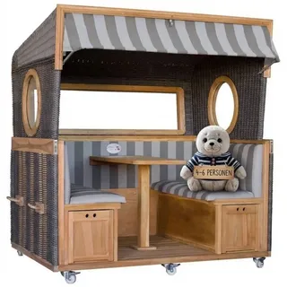 MR.DEKO Strandkorb Gosch-Lounge Strandkorb 6-Sitzer XXL Teak PE Grey ERA Dessin 981, BxTxH: 200x158x207 cm, Gosch-Lounge, (4 Personen, inkl. Tisch, Stauraum & Rollen – für Outdoor geeignet, 1-tlg., Lounge-Strandkorb Gosch 4-Sitzer), Fertig montiert, Strandkorb XXL Teakholz, PE-Geflecht, Sicherheitsglas grau