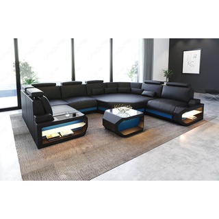 Sofa Dreams Wohnlandschaft Sofa Leder Asti U Mini, Couch, kleines U Form Ledersofa mit LED, Designersofa blau|schwarz