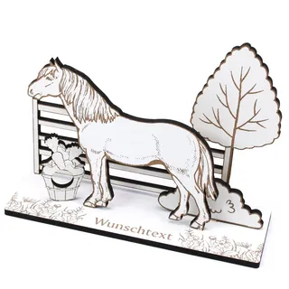 Geldgeschenk Pferd ISLANDPFERD Isländer Pferdekoppel mit Busch Zaun Baum - inkl. Wunschtext Name - Pferde Schild für Geld Gutschein Gutscheingeschenk Reiten Reiterhof - 20 x 15 cm