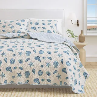 Great Bay Home Bettwäsche-Set für King-Size-Betten, Sommerküstendecke mit Kissenbezügen, Strand, 3-teilig, wendbar, ganzjährig, leicht, nautisch, gesteppt, Bali-Kollektion, blau