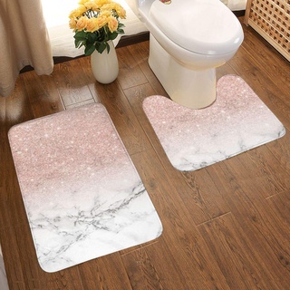 2-teiliges Badezimmerteppich-Set, modern, roségold, rosa, glitzernd, weiß, Marmor, Badematten-Set, weich, rutschfest, 49,5 x 80,9 cm und U-förmiger WC-Bodenvorleger, wasserabsorbierende Türmatte