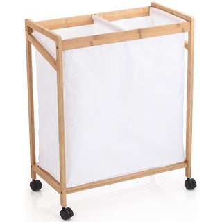 BAKAJI Platzsparender Wäschekorb aus Bambus und weißem Stoff mit 4 um 360 ° drehbaren Rollen, geruchshemmende Materialien, Slim Wäschebeutel, geräumiger Wäsche-Organizer, 60 x 33 x 75 cm