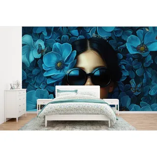 MuchoWow Fototapete Frau - Blumen - Blau - Ästhetik - Luxus, Matt, bedruckt, Wallpaper für Wohnzimmer, Schlafzimmer, Vinyl Tapete, 400x300 cm bunt 4 m x 3 m
