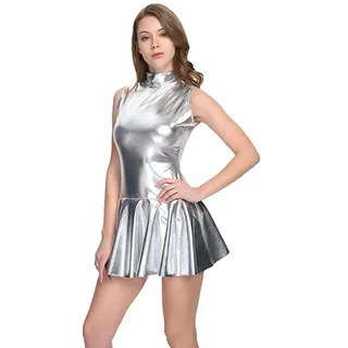 Women Turtleneck A-Line Bodycon Mini Casual Dress,Silver,L