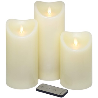 Tronje LED Echtwachskerzen 3er Set mit Timer u. Fernbedienung 15/19/23cm Kerzen mit beweglicher Flamme Creme-Weiß