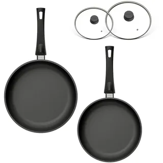 Hoffmann STONIQ Bratpfanne PFAS-frei Set 24 + 28 cm Induktionspfanne Aluhandguss Made in Germany, Antihaftbeschichtung mineralisch | backofengeeignet (Mit Glasdeckel, Set 24 + 28 cm)