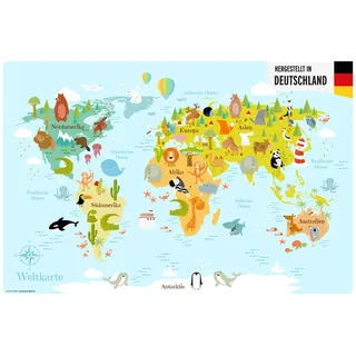 Schreibtischunterlage für Kinder und Erwachsene – “Weltkarte in hellblau“ – aus erstklassigem, strapazierfähigem Vinyl – 60 x 40 cm – Rutschfeste Schreibunterlage für besten Schutz – Made in Germany