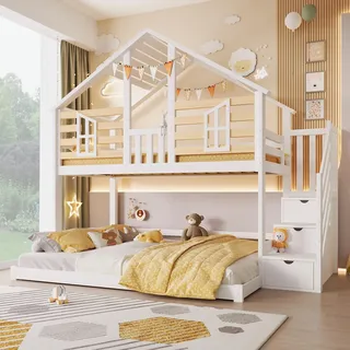 ModernLuxe Etagenbett 90x200 + 140x200 cm, Hausbett mit Stauraumtreppe, Holz Hochbett, Familienbett Doppelstockbett aus Massivholz,Bettgestell, Weiß Natur, ohne Matratze