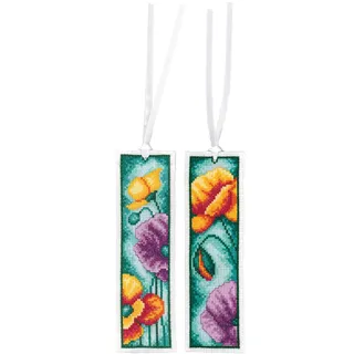 Vervaco Lesezeichen Kreuzstich Stickpackung Mohnblumen, 2er Set, Zählmuster, 6x20cm