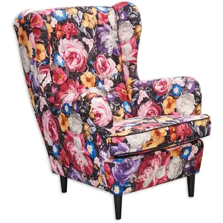 LAUREL Ohrensessel mit geknöpfter Polsterung und floralem Muster - Vintage Wohnzimmer Sessel mit Massivholz Füßen - 78 x 102 x 98 cm (B/H/T)