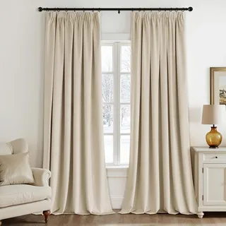 EMEMA Samtvorhang mit Kräuselband Beige Samt Gardinen Deko Blickdichte Vorhänge 2er Set, Schöne Dicke und Schwere Wohnzimmer Schlafzimmer Verdunkelung Thermovorhang Samt kräuselband, H260xB140 cm