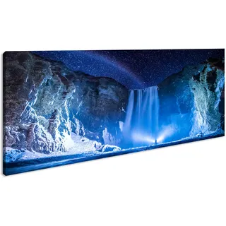 Leuchtender Wasserfall unter funkelndem Sternenhimmel und Regenbogen Panorama 100x50cm XXL Kunstdruck Motiv auf Holzrahmen/Leinwandbild/Wandbild/Wohnzimmer Dekoration