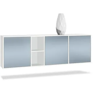 Vladon Sideboard Cuba (Kommode, mit 3 Türen und 2 offene Fächer), Weiß matt/Denim matt (182 x 53 x 35 cm) blau
