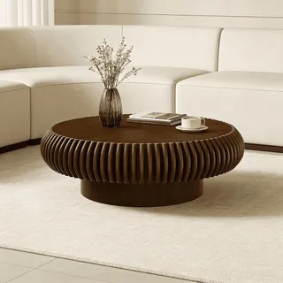 Moderner runder trommelförmiger Couchtisch, holzerne runde gerillte Couchtische, luxuriöser runder Mittelcouchtisch & Akzent-Couchtisch für Wohnzimmer, Wohnung, Büro und kleine Räume,Walnut 80cm