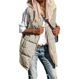 ASKSA Damen Wendewesten aermellose Fleecejacke Reissverschluss Kapuzenpullover Lange Warme Wintermantel, Hellgruen, S - Grün - S