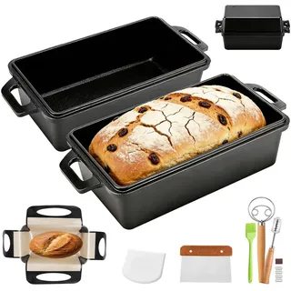 Gusseisen Topf Brot Backen Set, Gusseisen Brotbackform 30cm mit Deckel Antihaft-Silikonmatten Brotbacken Zubehör Brottopf Formen für Brotlaibe Kastenform Brot und Brotbackformen zum Backen im Ofen