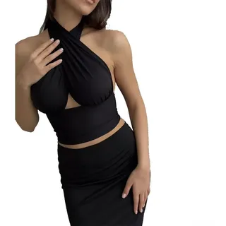 Drivstraw Damen Neckholder Crop Top Criss Cross Ruched Lace Up Y2K Sommer Ärmellos Crop Top Cropped Tank Top Self Tie Rückenfrei Frühling Herbst Bluse Crop Tank Party Tops