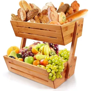 BOSSJOY Bambus Obstkorb Schüsselhalter - 2 Stück Obstständer aus Bambus mit Griff, Aufbewahrungskorb für Küche, Obstschale für Arbeitsplatte, Aufbewahrungsschale für Früchte, Gemüse, Snacks (Natur)