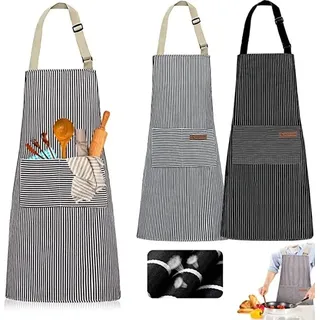 2 Stück Schürze,VerstellbareBaumwolle Leinen Kochschürze Wasserdicht Verstellbare Küchenschürze mit Taschen Damen und Männer zum Kochen oder ...