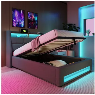 Flieks Polsterbett, Baumwolle-Leinen Bezug Stauraumbett mit USB-Anschluss und LED 90x200cm grau 95 cm x 210 cm x 117 cm