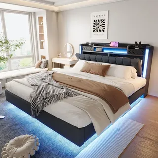 Merax Polsterbett 160x200cm mit LED und USB Steckdose, Schwebebett mit Stauraum Kopfteil, Jugendbett Erwachsenenbett aus Leinen mit Lattenrost, Grau - Grau