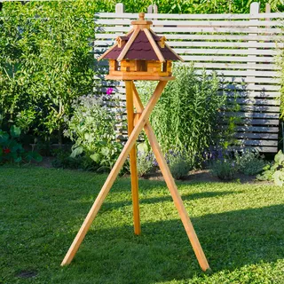 Vogelhaus von klein bis Riesig XXL Futterhaus Futterhäuschen Vogelvilla V18, Vogelfutterhaus aus Holz mit Solarbeleuchtung beleuchtet (Rot, klein mit Ständer), mit Futtersilo, Silo