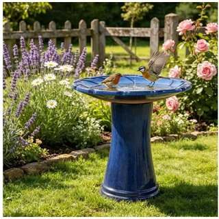 Blossom Vogeltränke Keramik Vogelbad Garten, handgefertigte Vogelfuttersäule Ø 43 cm, Königsblau frostsicheres Vogelbecken mit Standfuß, für Terrasse Balkon blau
