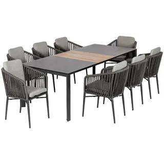 acamp Garten-Essgruppe Stapelstuhl Set Manhattan inkl. ausziehbarer Tisch Woody, (Gartenmöbel Set), stapelbar, Sitzgruppe, Lounge-Set mit Gartentisch 180-246x110x77cm grau