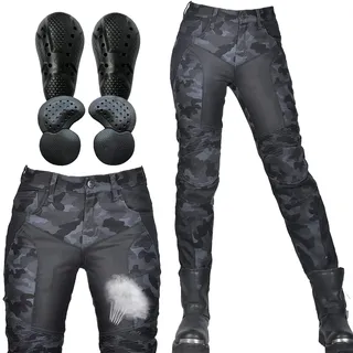 SHUOJIA Damen Motorradjeans mit Camouflage-Denim-Hose mit atmungsaktivem Mesh und abnehmbaren Hüft- und Knieprotektoren Sommer (Blue,4XL)