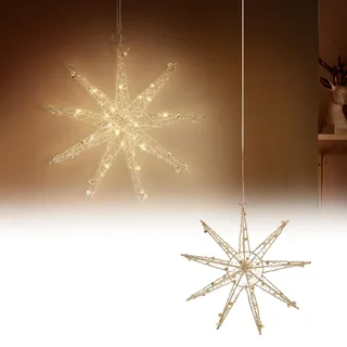 ECD Germany LED Deko Weihnachtsstern 30cm mit 30 warmweißen LEDs, Gold, batteriebetrieben, Metall, Weihnachten Schneeflocke zum Aufhängen mit Beleuchtung & Timer, Innen, Weihnachtsdeko Fensterdeko